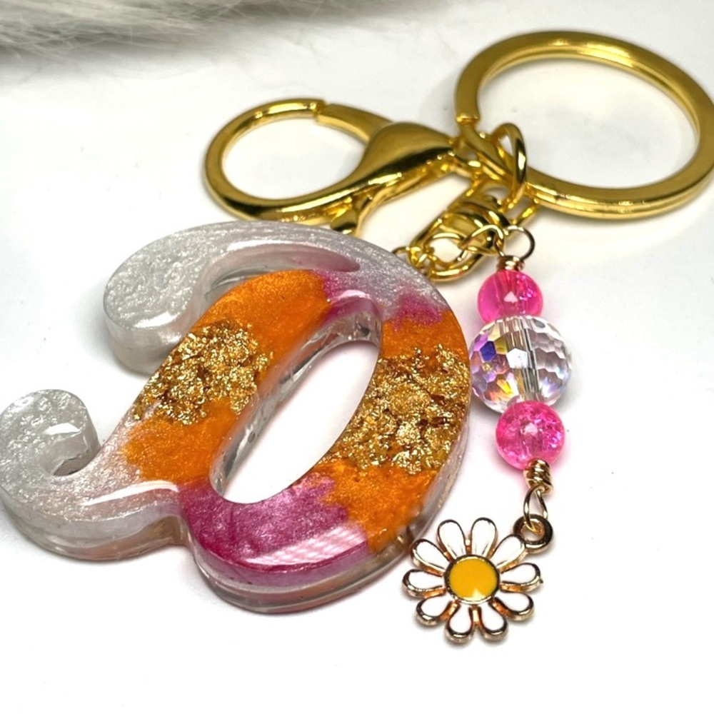 Custom Orange Cream and Pink Letter “D” Keychain with Daisy Charm - Picture 6 of 12